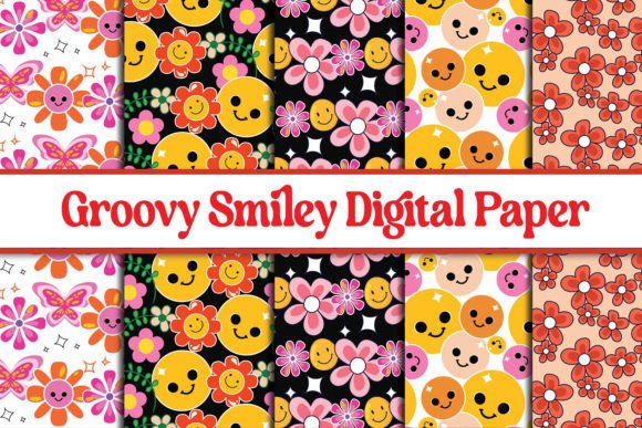 Groovy Smiley Retro Digital Paper Bundle
