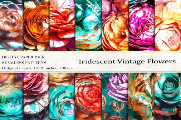 Iridescent Vintage Flowers Digital Paper: Elevate Your Creative Projects with Timeless Elegance